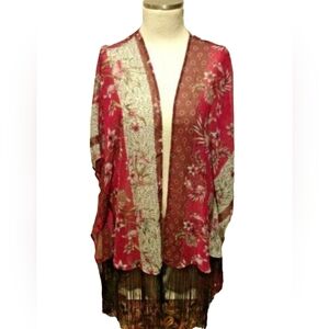 Red Fringed Floral Pattern Kimono White House Black Market  Boho One Size VGUC